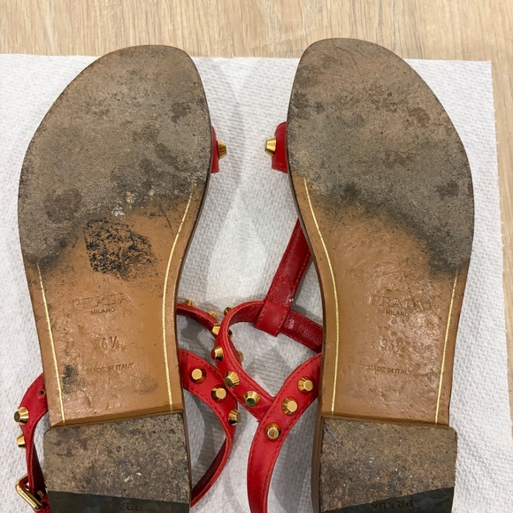 Prada Red Studded Leather Flat Sandals Size 36.5 - Picture 7 of 7